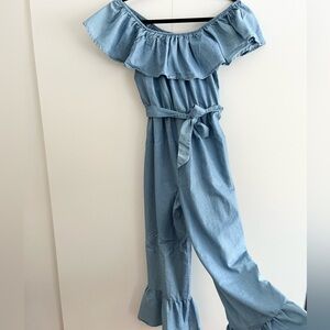 Faux Jean Off-Shoulder Jumpsuit with Elastic Tie Waist